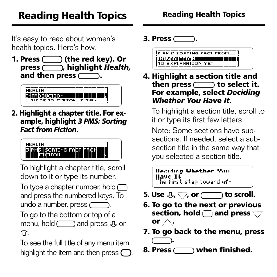 Reading health topics | Franklin GWH-2055 User Manual | Page 8 / 21