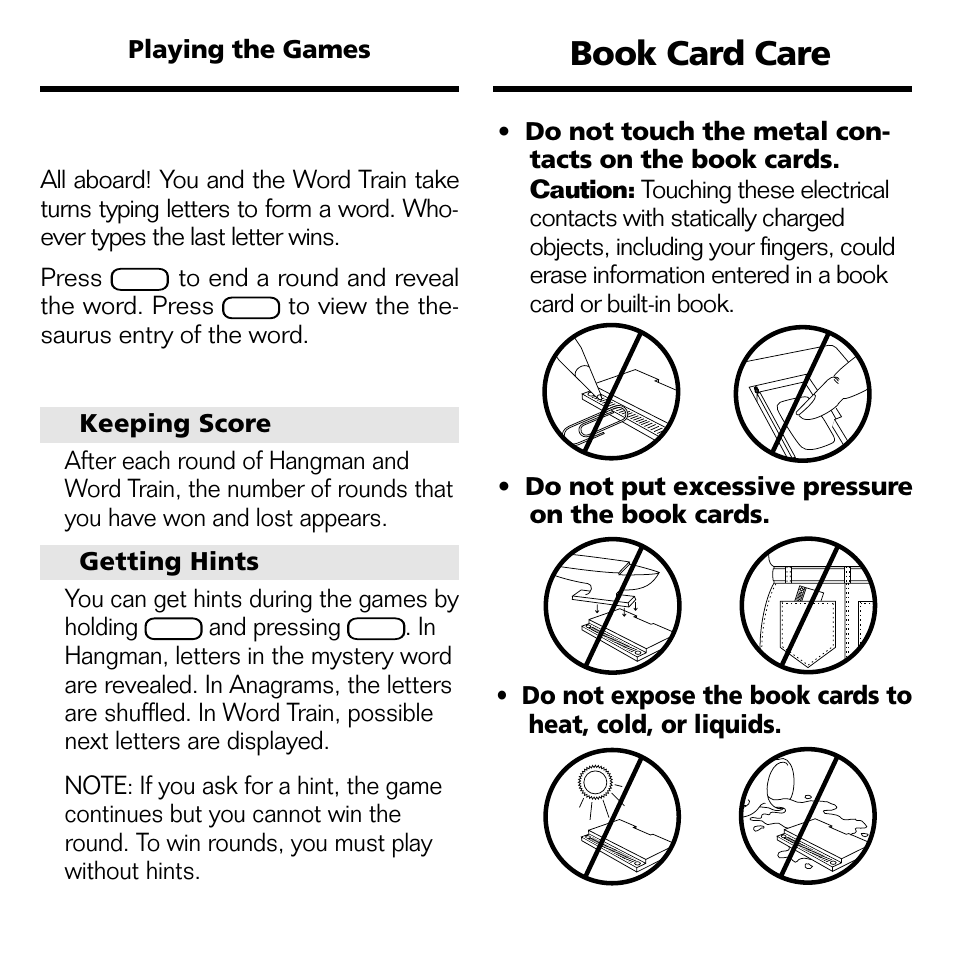 Book card care, Card care, Playing word train | Franklin POCKET LEXICON TMQ-440 User Manual | Page 14 / 20