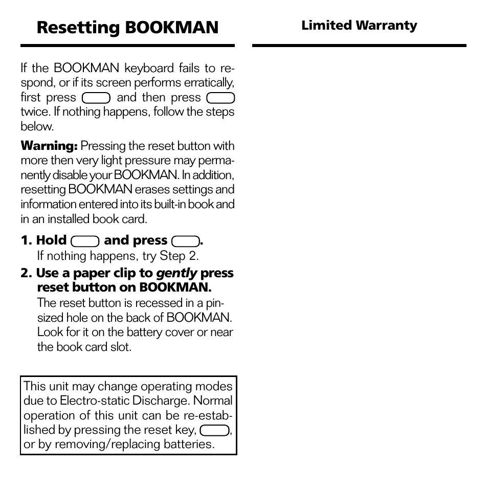 Resetting bookman, Limited warranty | Franklin POCKET LEXICON TMQ-440 User Manual | Page 15 / 20