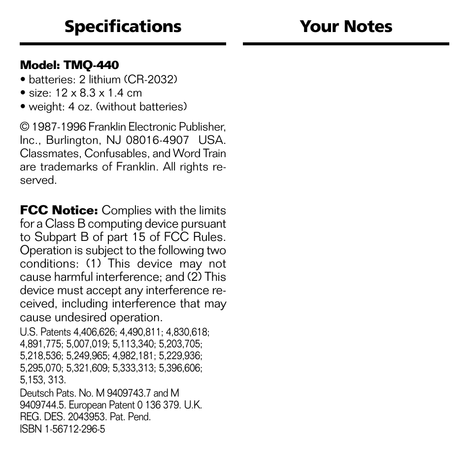 Specifications, Your notes | Franklin POCKET LEXICON TMQ-440 User Manual | Page 16 / 20