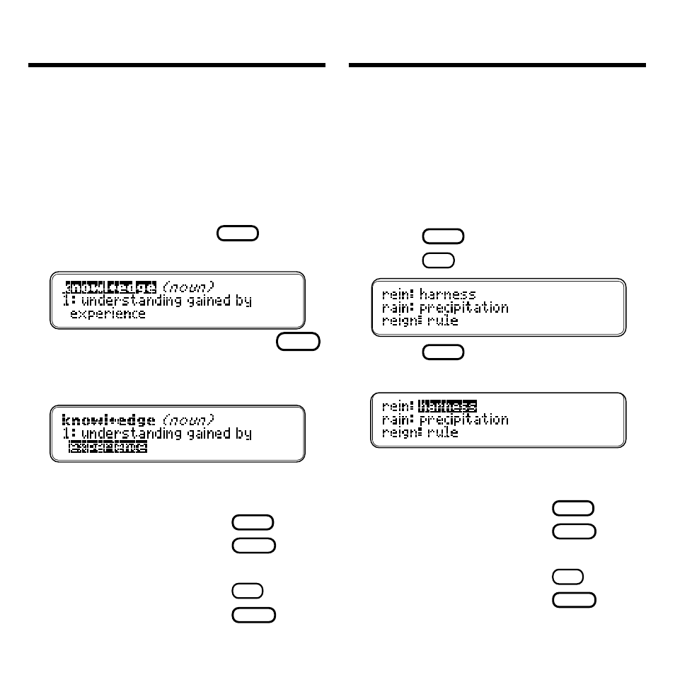 Highlighting words, Finding confusables, Highlighting words finding confusables | To... press... define the word, View a thesaurus, Red) entry view confusables, Add word to user list, Blue) | Franklin MWS-2018 User Manual | Page 11 / 19