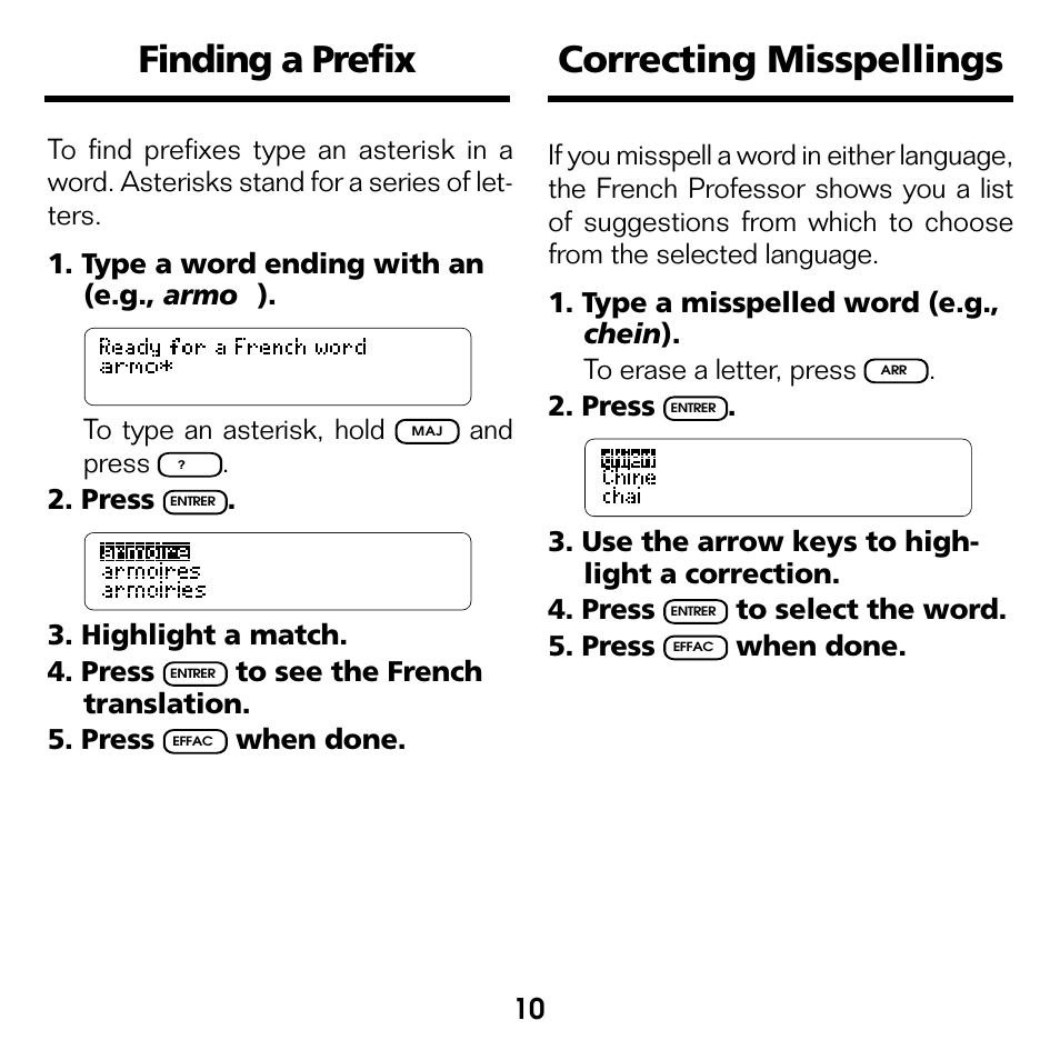 Finding a prefix, Correcting misspellings | Franklin French Professor/ Professeur d'Anglais BQF-2025 User Manual | Page 11 / 21