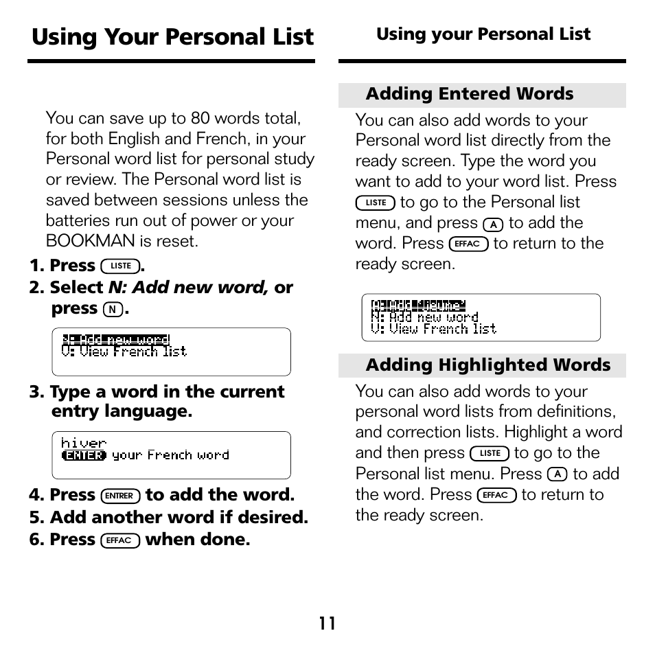 Using your personal list, Adding words | Franklin French Professor/ Professeur d'Anglais BQF-2025 User Manual | Page 12 / 21