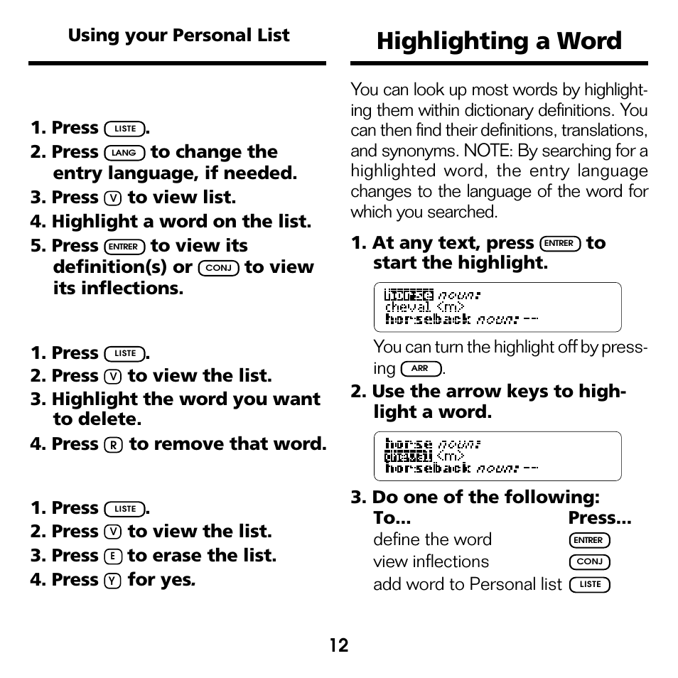 Highlighting a word, Viewing your list, Deleting a word | Erasing your list | Franklin French Professor/ Professeur d'Anglais BQF-2025 User Manual | Page 13 / 21