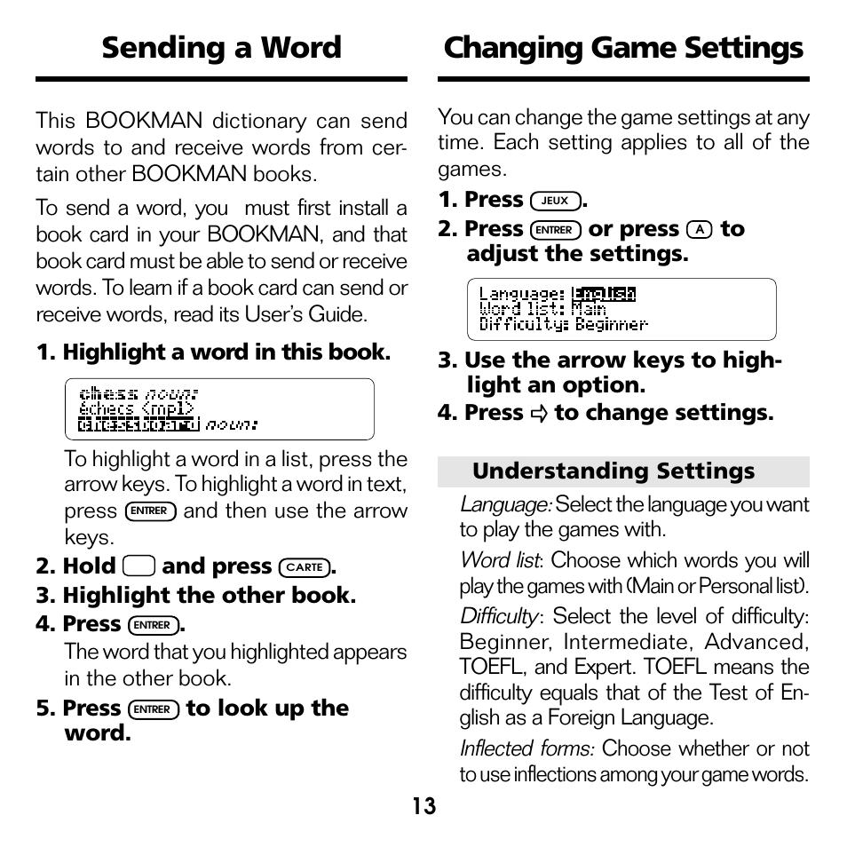 Sending a word, Changing game settings | Franklin French Professor/ Professeur d'Anglais BQF-2025 User Manual | Page 14 / 21