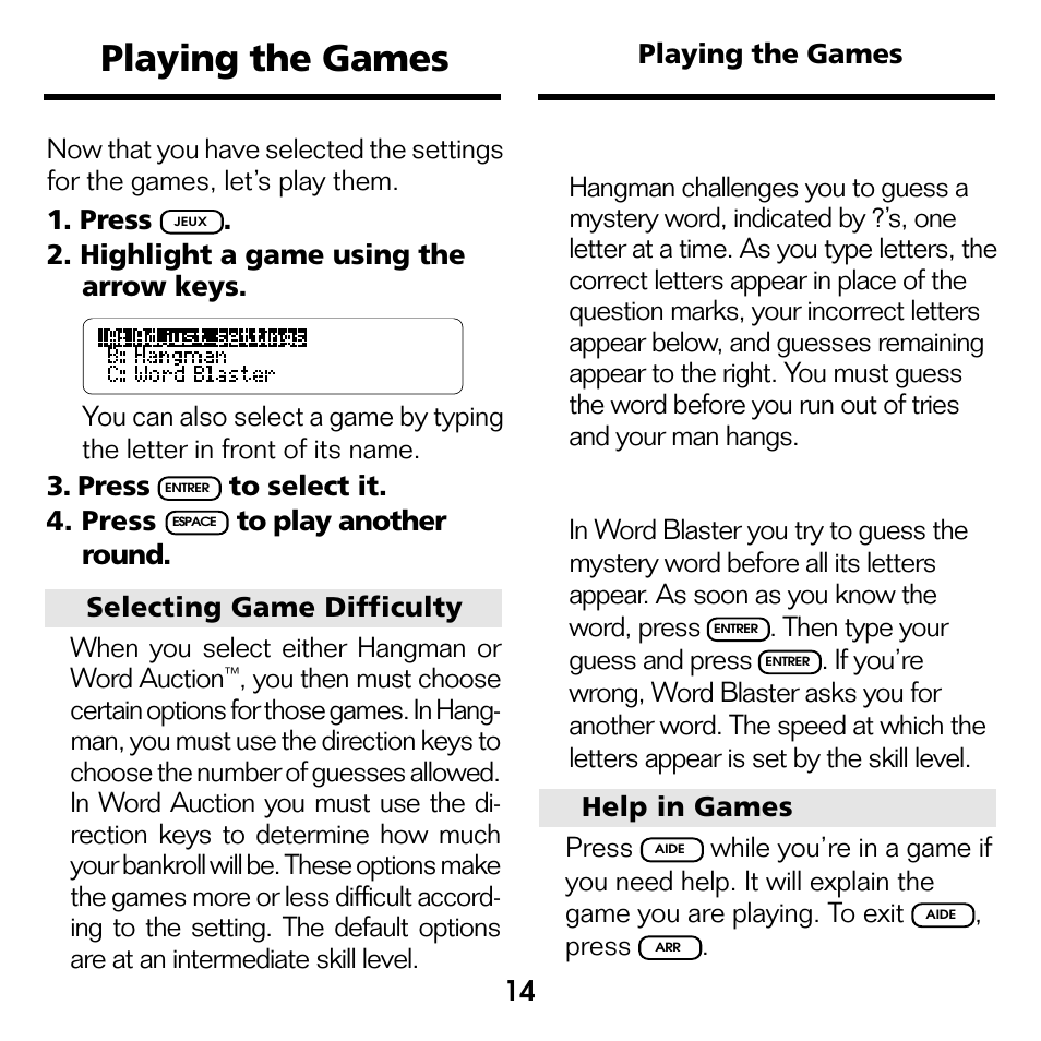 Playing the games, Hangman, Word blaster | Franklin French Professor/ Professeur d'Anglais BQF-2025 User Manual | Page 15 / 21