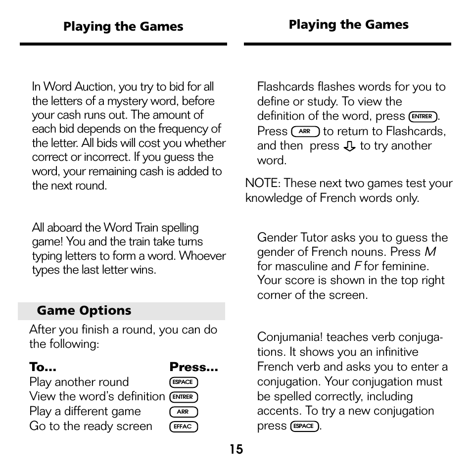 Word auction, Word train, Flashcards | Gender tutor, Conjumania | Franklin French Professor/ Professeur d'Anglais BQF-2025 User Manual | Page 16 / 21