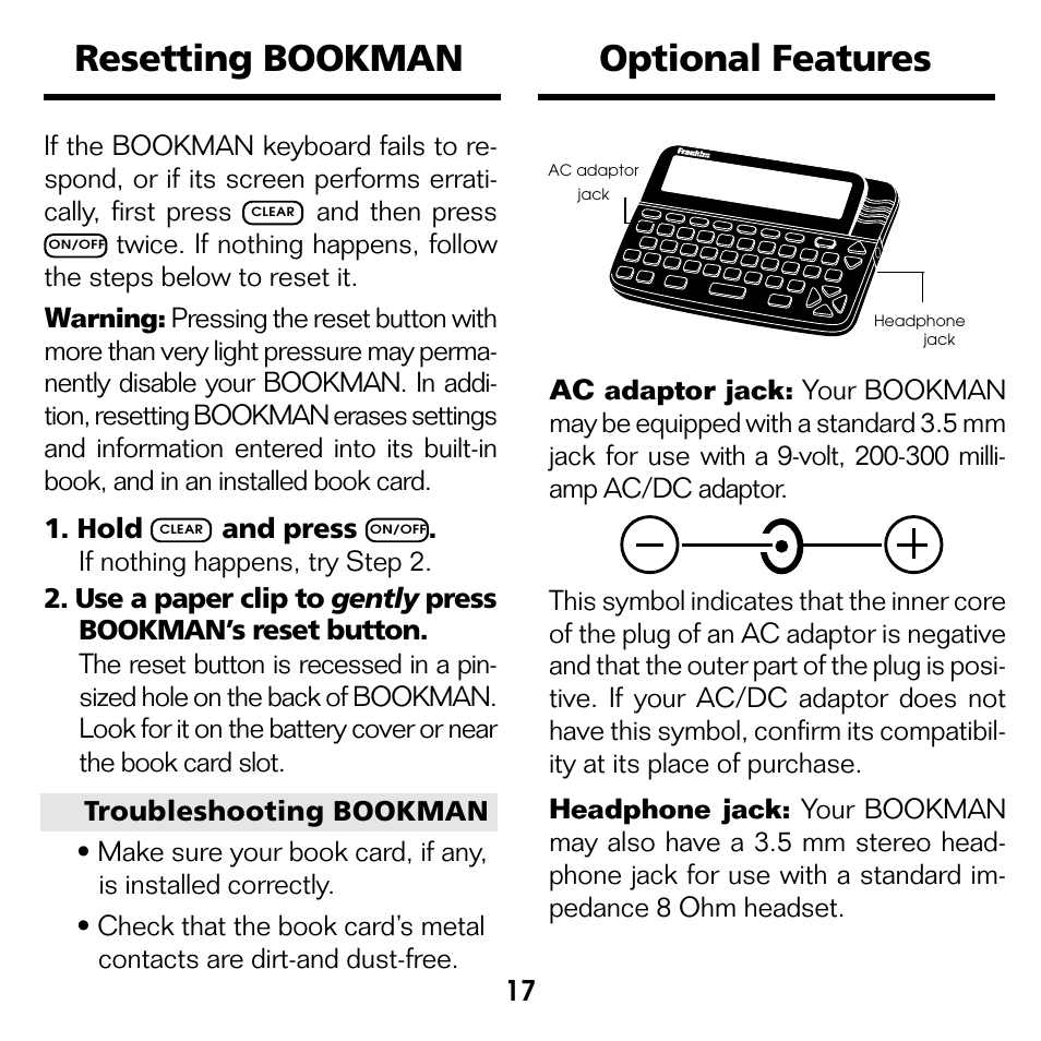 Resetting bookman, Optional features | Franklin French Professor/ Professeur d'Anglais BQF-2025 User Manual | Page 18 / 21