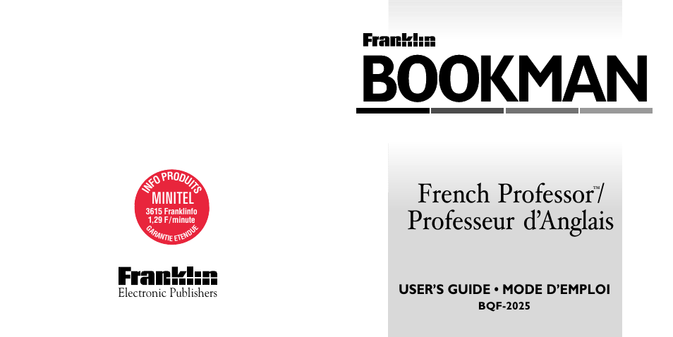 Bookman, French professor, Professeur d’anglais | Minitel | Franklin French Professor/ Professeur d'Anglais BQF-2025 User Manual | Page 21 / 21