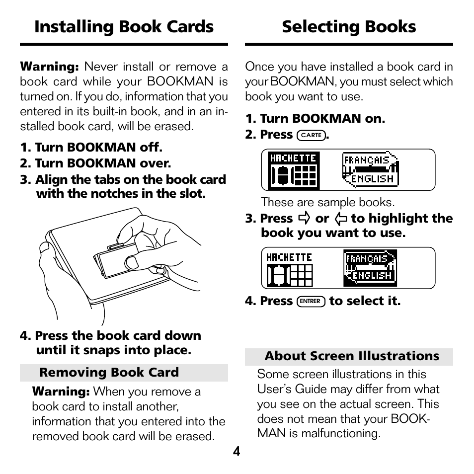 Installing book cards, Selecting books | Franklin French Professor/ Professeur d'Anglais BQF-2025 User Manual | Page 5 / 21