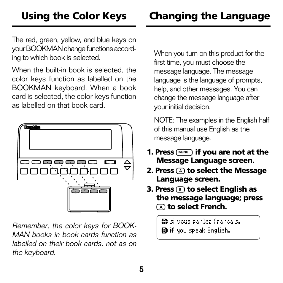 Using the color keys, Changing the language, Message language | Franklin French Professor/ Professeur d'Anglais BQF-2025 User Manual | Page 6 / 21