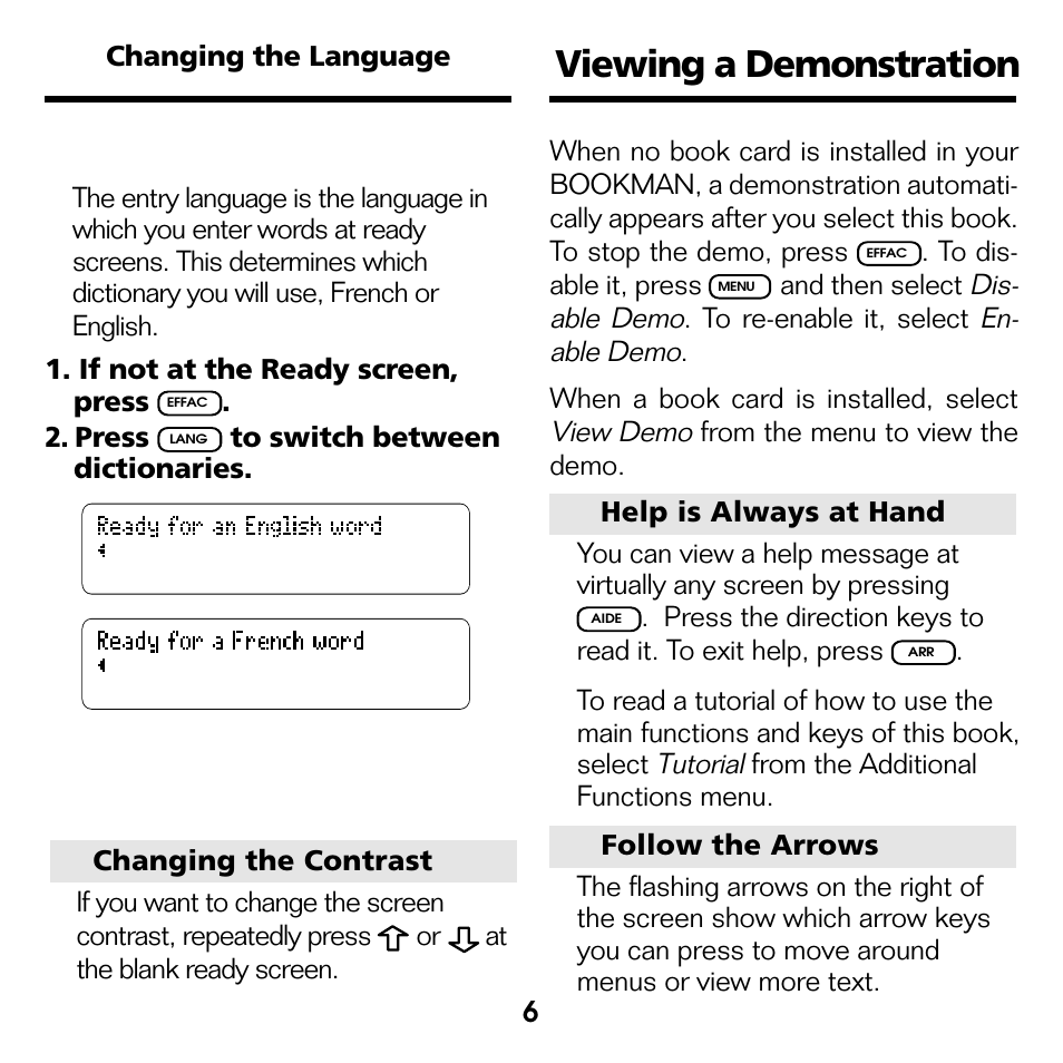 Viewing a demonstration, Entry language | Franklin French Professor/ Professeur d'Anglais BQF-2025 User Manual | Page 7 / 21