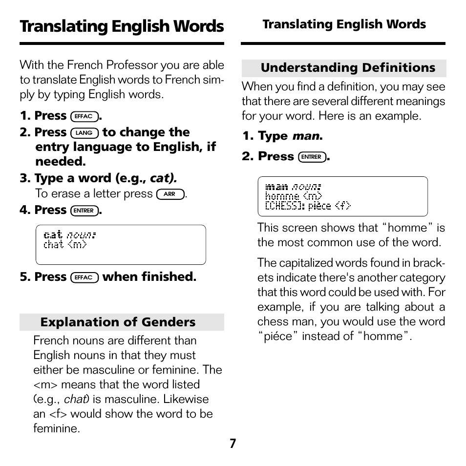 Translating english words | Franklin French Professor/ Professeur d'Anglais BQF-2025 User Manual | Page 8 / 21