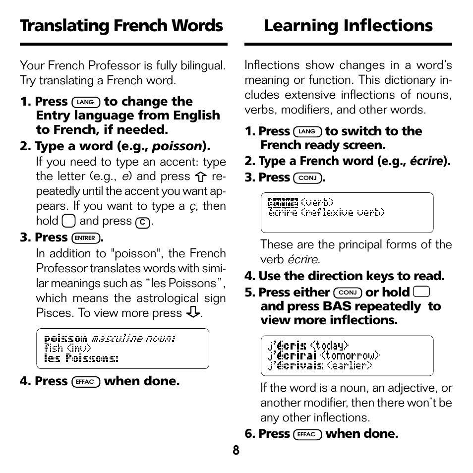 Translating french words, Learning inflections | Franklin French Professor/ Professeur d'Anglais BQF-2025 User Manual | Page 9 / 21