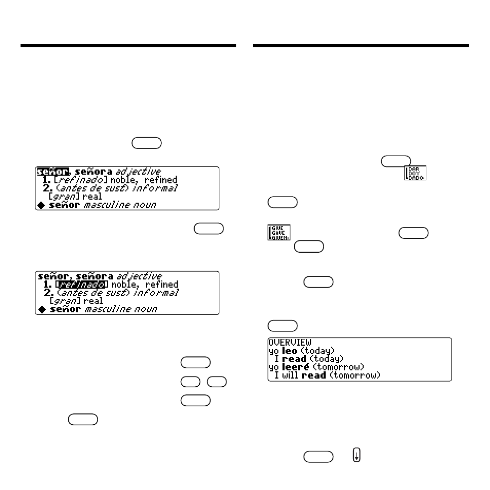 Highlighting words, Advanced verb conjugations, Highlighting words advanced verb conjugations | Franklin Spanish Professor DBE-1440 User Manual | Page 15 / 29