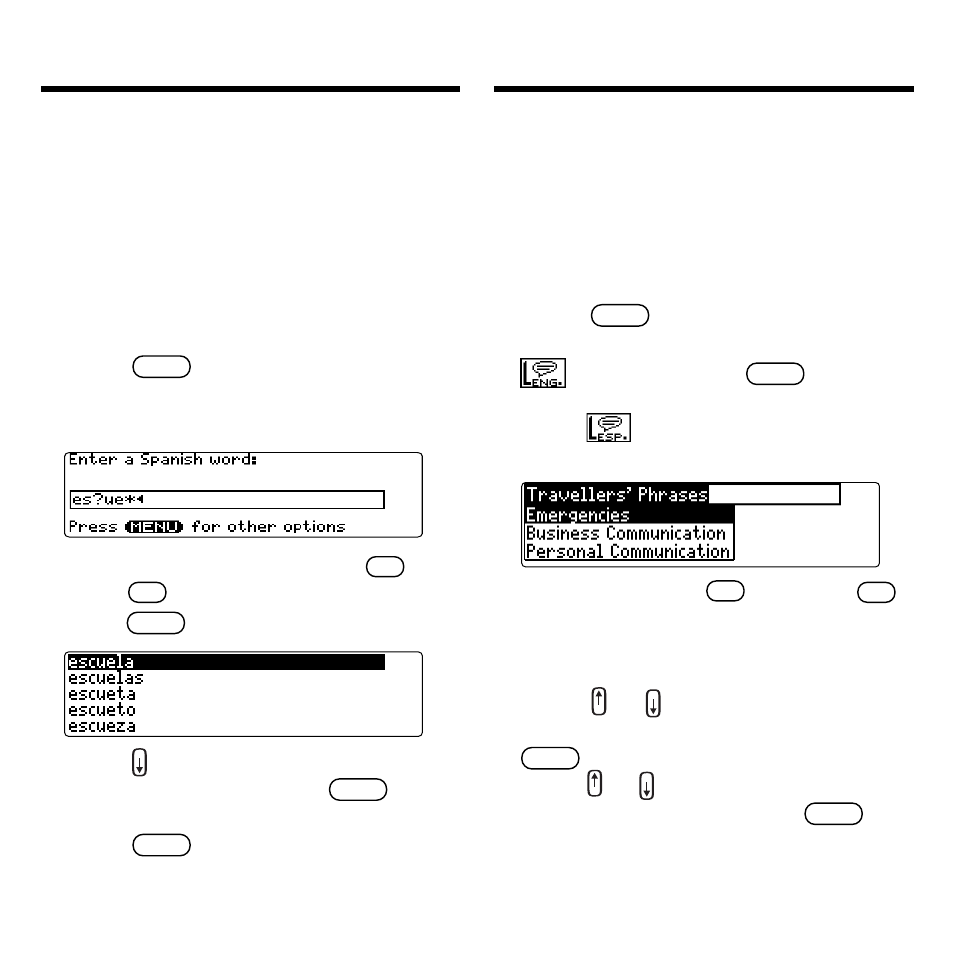 Finding letters in words, Translating traveller’s phrases, Browsing through phrases | Franklin Spanish Professor DBE-1440 User Manual | Page 18 / 29