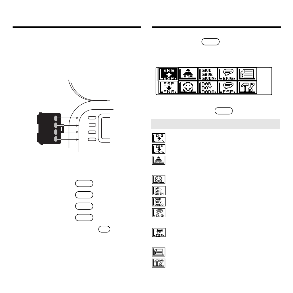 Bookcard color keys, Using the main menu, Bookcard color keys using the main menu | The green key, The yellow key, The blue key, You can also press and hold | Franklin Spanish Professor DBE-1440 User Manual | Page 8 / 29