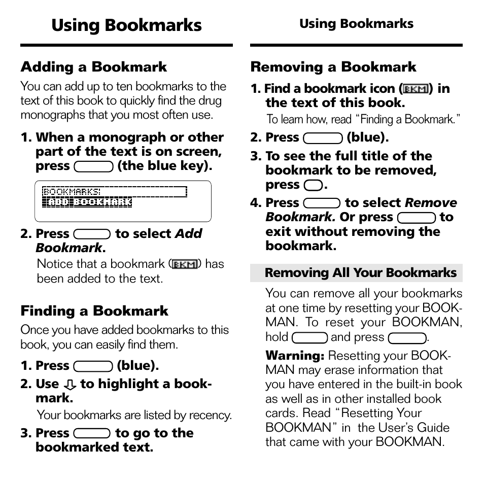 Using bookmarks, Adding a bookmark, Finding a bookmark | Removing a bookmark | Franklin Nursing97 Drug Handbook NDH-2062 User Manual | Page 15 / 20