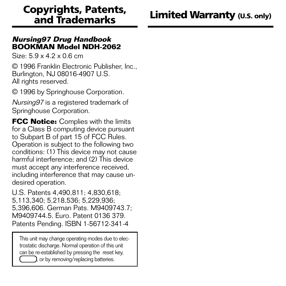 Copyrights, patents, and trademarks, Limited warranty | Franklin Nursing97 Drug Handbook NDH-2062 User Manual | Page 17 / 20