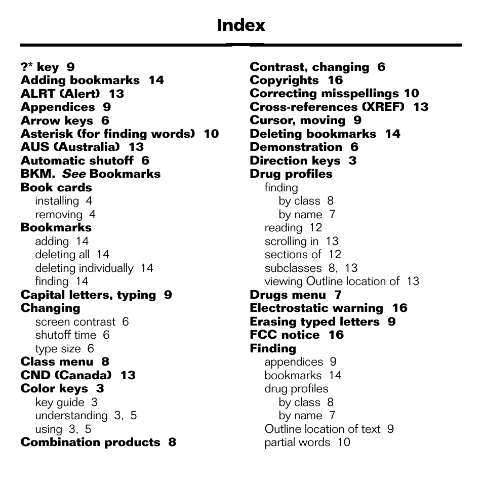Index | Franklin Nursing97 Drug Handbook NDH-2062 User Manual | Page 18 / 20