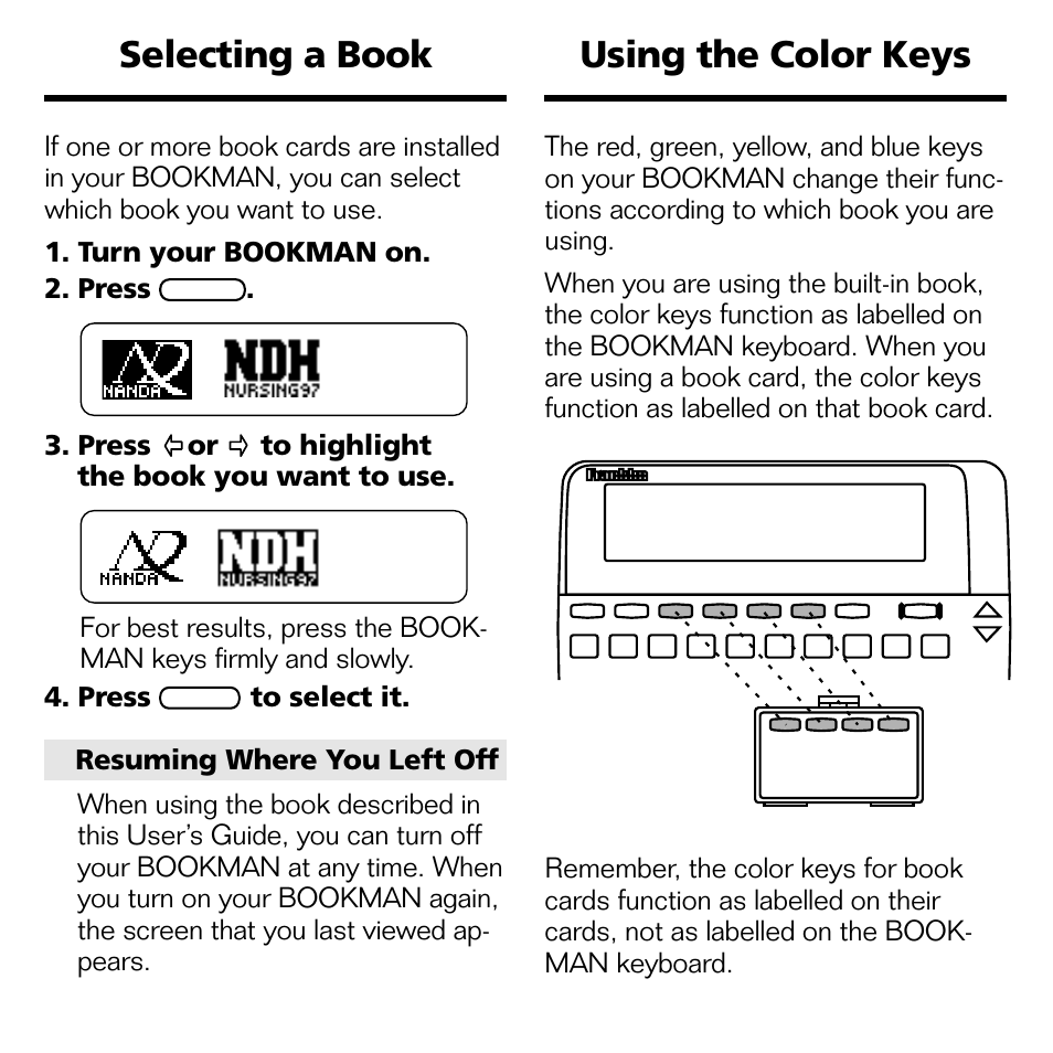 Selecting a book using the color keys | Franklin Nursing97 Drug Handbook NDH-2062 User Manual | Page 6 / 20
