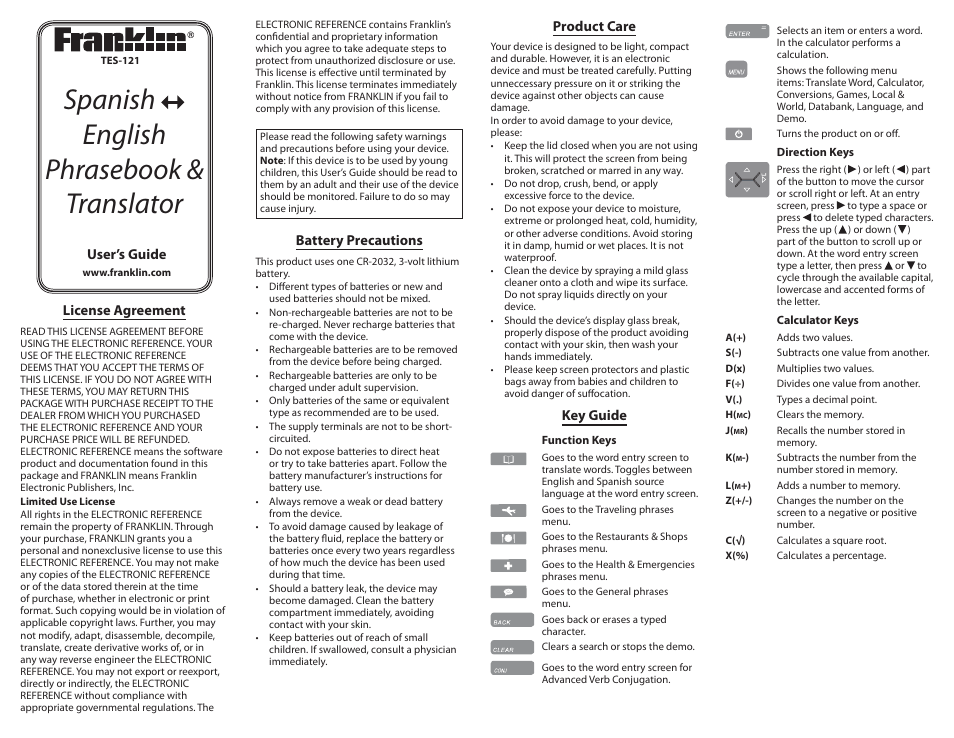 Franklin TES-121 User Manual | 5 pages