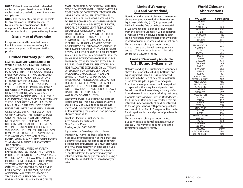 Disclaimer of warranties, Limited warranty (u.s. only), Limited warranty (eu and switzerland) | World cities and abbreviations | Franklin TES-121 User Manual | Page 5 / 5