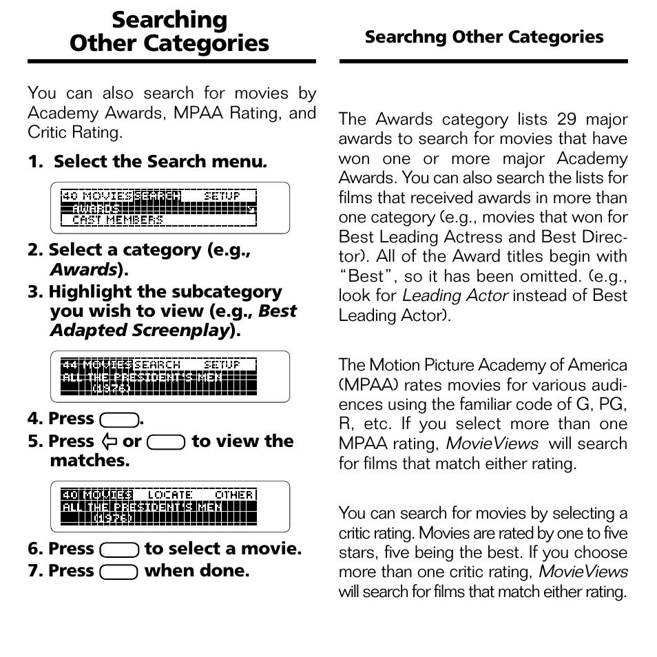 Searching other categories, Awards, Mpaa rating | Critic rating | Franklin FLX-2074 User Manual | Page 12 / 19