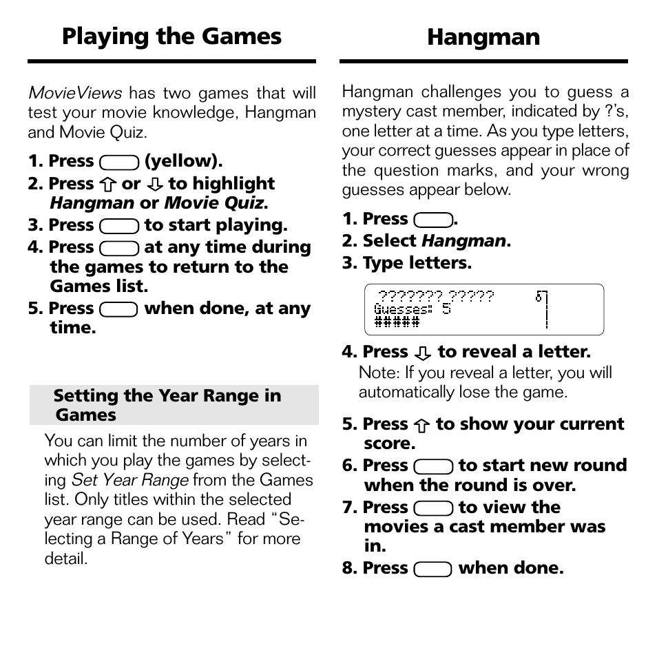 Playing the games, Hangman | Franklin FLX-2074 User Manual | Page 15 / 19