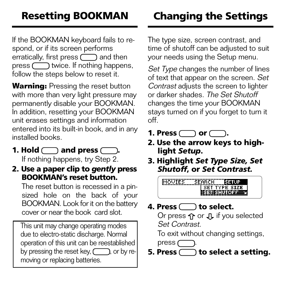 Resetting bookman, Changing the settings | Franklin FLX-2074 User Manual | Page 17 / 19