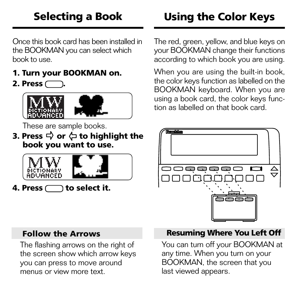 Selecting a book using the color keys | Franklin FLX-2074 User Manual | Page 6 / 19