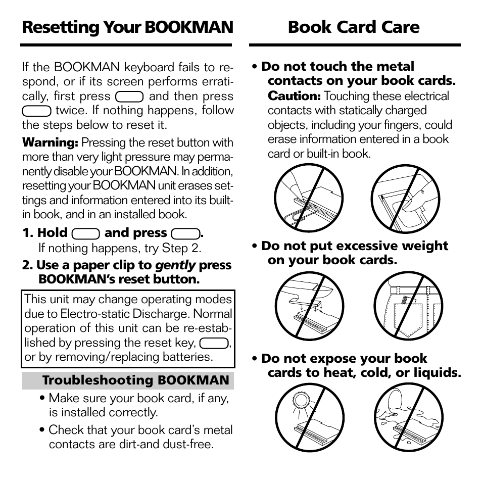 Book card care, Resetting your bookman | Franklin XST-2051 User Manual | Page 18 / 24