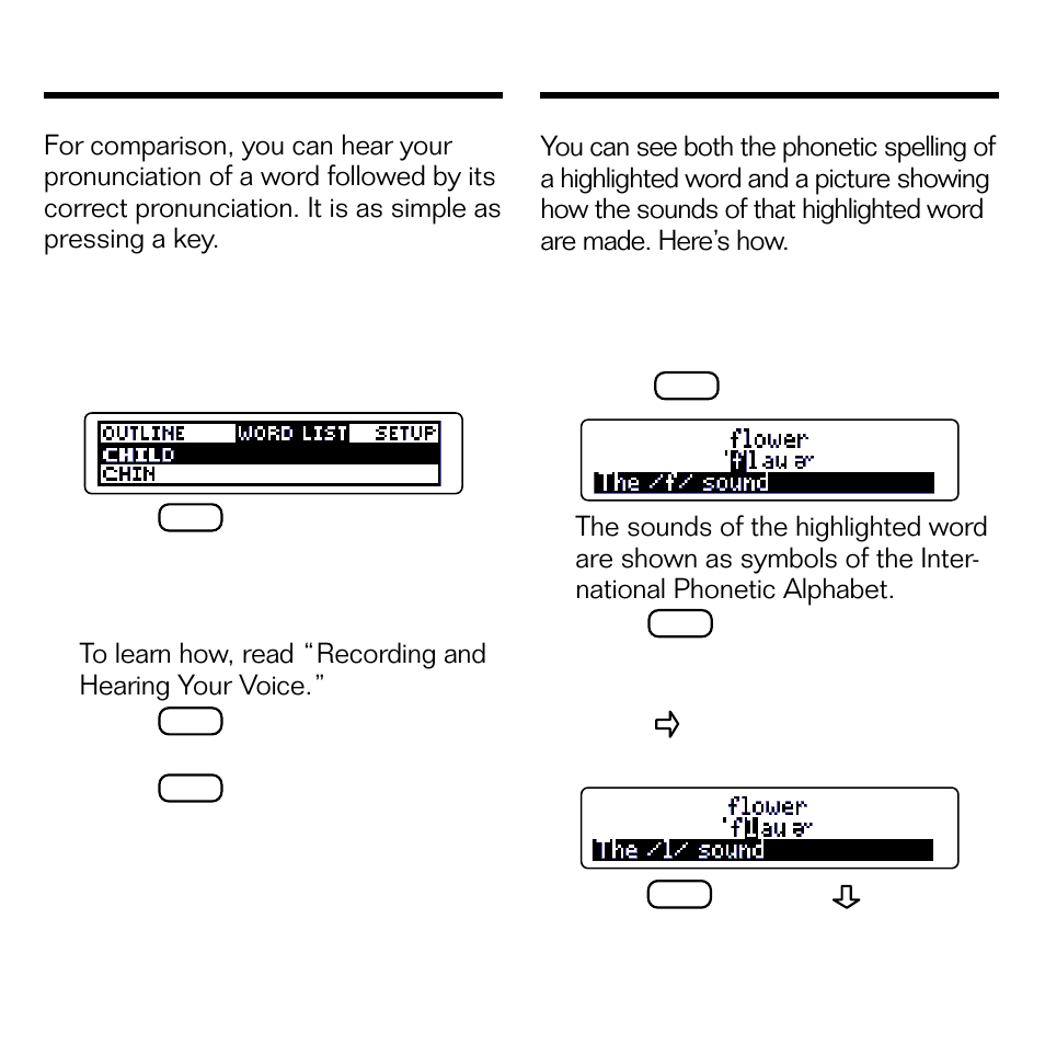 Comparing pronunciations, Showing pronunciations | Franklin SPEAK ENGLISH! ESL-580 User Manual | Page 11 / 20