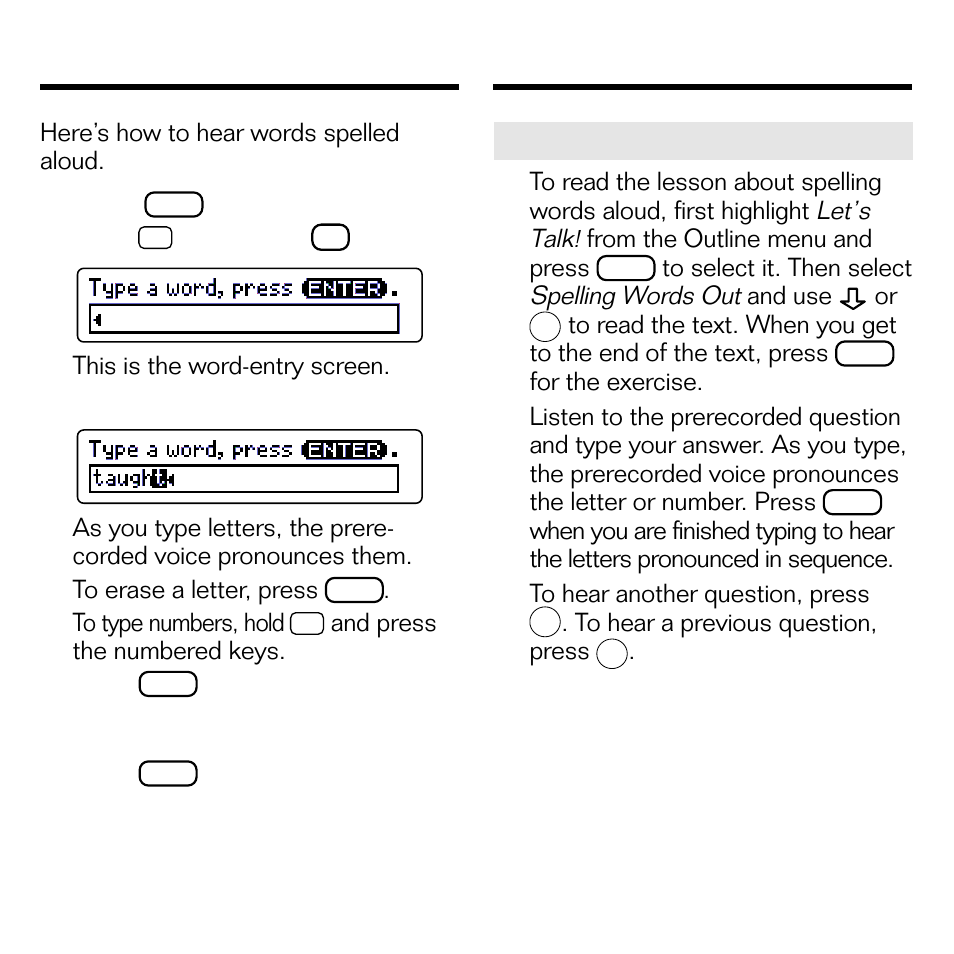 Hearing spellings, Let’s talk, Spelling words out | Franklin SPEAK ENGLISH! ESL-580 User Manual | Page 13 / 20