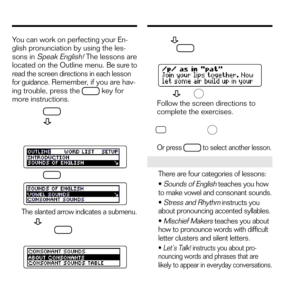 Using the lessons | Franklin SPEAK ENGLISH! ESL-580 User Manual | Page 14 / 20