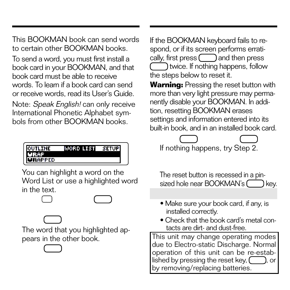 Sending words between books, Resetting bookman, Resetting bookman sending words between books | Franklin SPEAK ENGLISH! ESL-580 User Manual | Page 16 / 20
