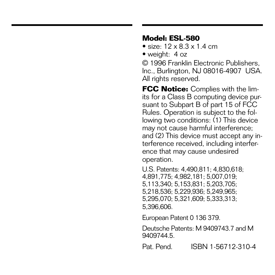 Limited warranty (u.s. only), Specifications, Limited warranty | Franklin SPEAK ENGLISH! ESL-580 User Manual | Page 17 / 20