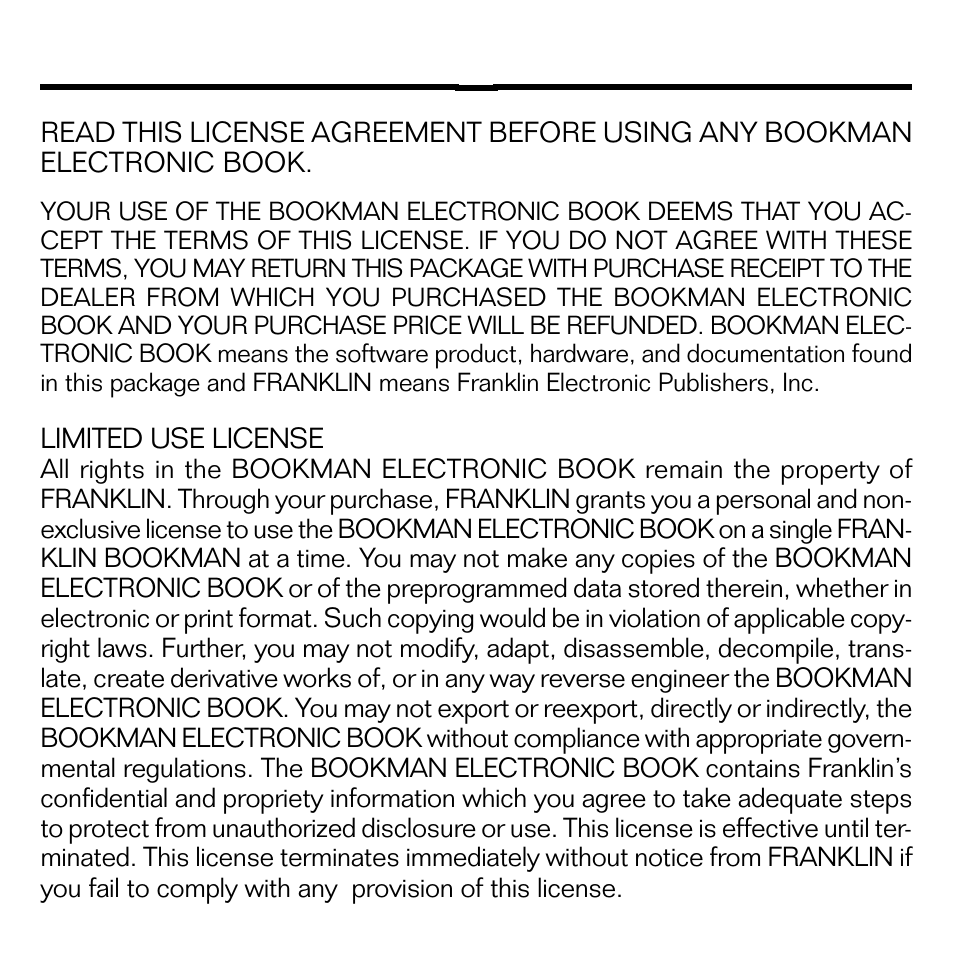 License agreement | Franklin SPEAK ENGLISH! ESL-580 User Manual | Page 2 / 20
