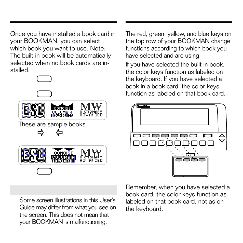 Selecting a book, Using the color keys | Franklin SPEAK ENGLISH! ESL-580 User Manual | Page 7 / 20