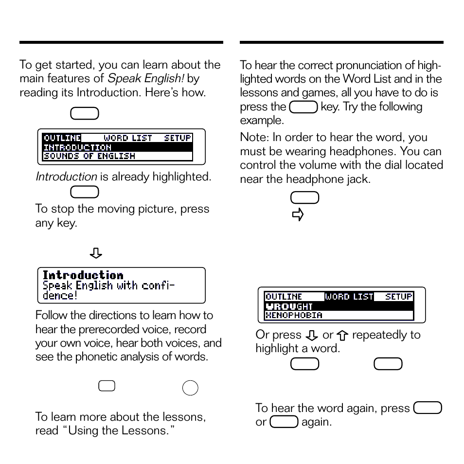 Using the introduction, Hearing correct pronunciations | Franklin SPEAK ENGLISH! ESL-580 User Manual | Page 9 / 20