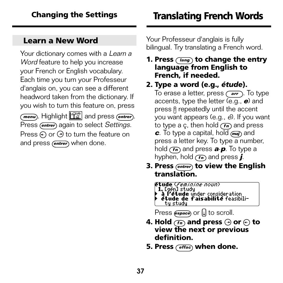 Translating french words, Learn a new word | Franklin Professeur d'anglais French Professor BFQ-1440 User Manual | Page 10 / 30