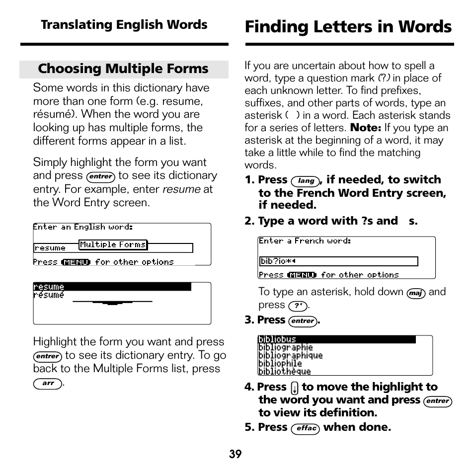 Finding letters in words, Choosing multiple forms, Translating english words | Franklin Professeur d'anglais French Professor BFQ-1440 User Manual | Page 12 / 30