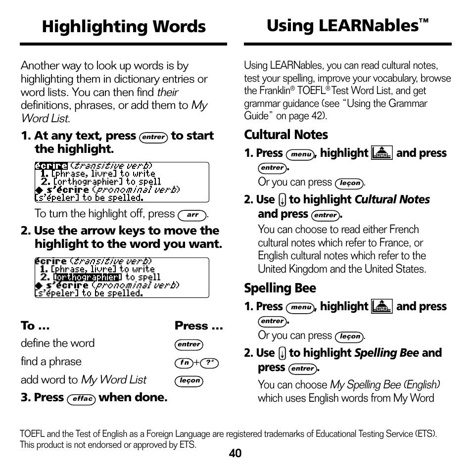 Highlighting words, Using learnables, Highlighting words using learnables | Spelling bee | Franklin Professeur d'anglais French Professor BFQ-1440 User Manual | Page 13 / 30