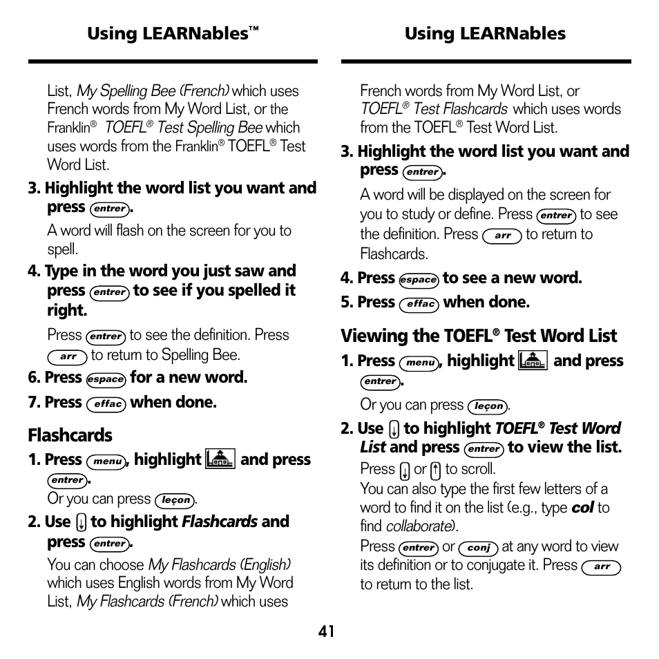 Flashcards, Viewing the toefl, Test word list | Using learnables | Franklin Professeur d'anglais French Professor BFQ-1440 User Manual | Page 14 / 30
