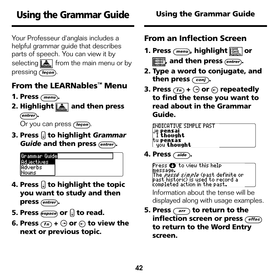 Using the grammar guide, Menu | Franklin Professeur d'anglais French Professor BFQ-1440 User Manual | Page 15 / 30