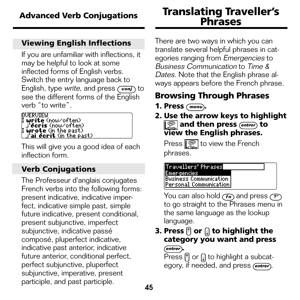 Translating traveller’s phrases, Browsing through phrases | Franklin Professeur d'anglais French Professor BFQ-1440 User Manual | Page 18 / 30