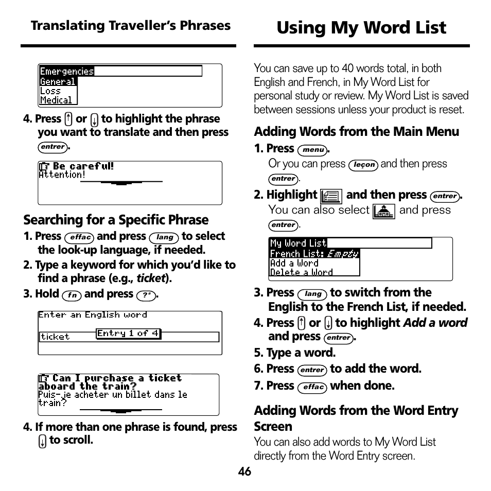Using my word list, Searching for a specific phrase, Translating traveller’s phrases | Adding words from the main menu, Adding words from the word entry screen | Franklin Professeur d'anglais French Professor BFQ-1440 User Manual | Page 19 / 30