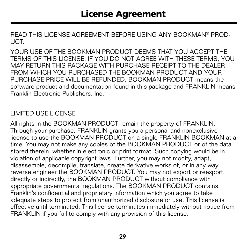 License agreement | Franklin Professeur d'anglais French Professor BFQ-1440 User Manual | Page 2 / 30