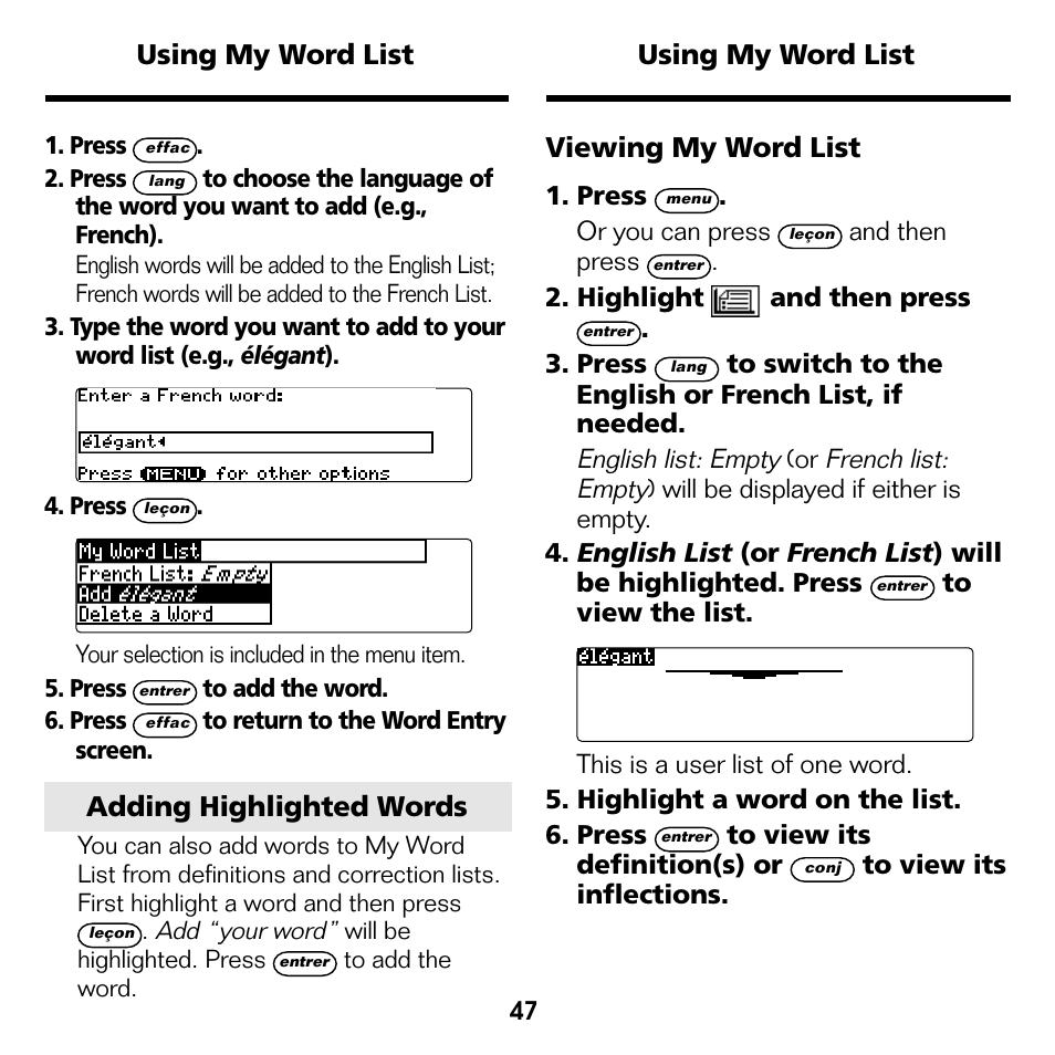 Using my word list viewing my word list, Using my word list ➤ adding highlighted words | Franklin Professeur d'anglais French Professor BFQ-1440 User Manual | Page 20 / 30