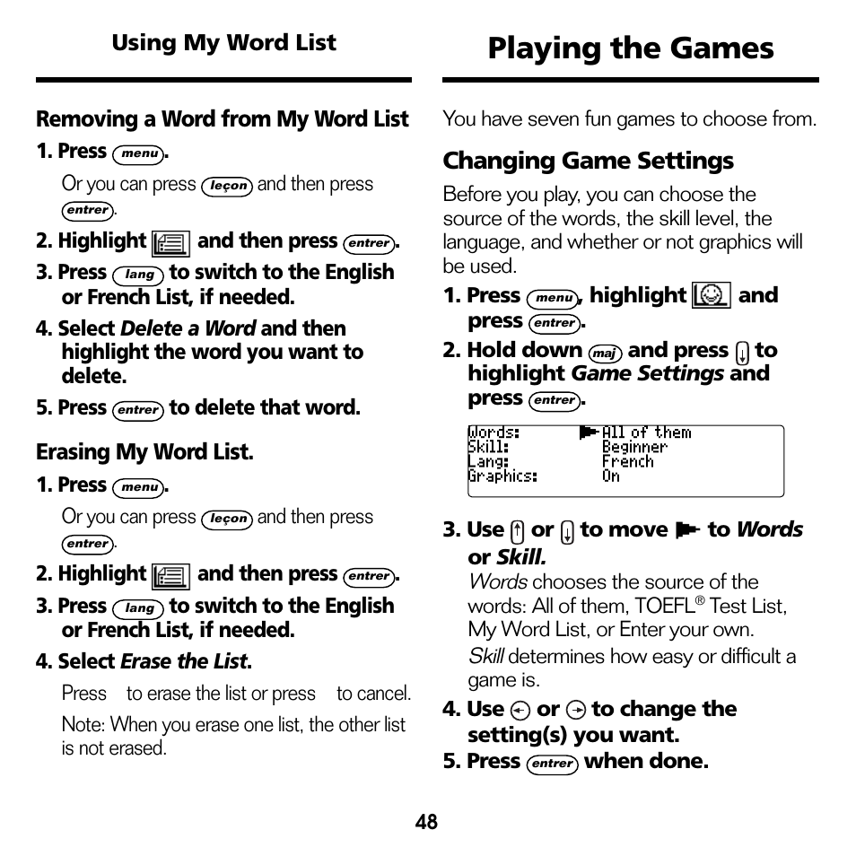 Playing the games, Changing game settings | Franklin Professeur d'anglais French Professor BFQ-1440 User Manual | Page 21 / 30